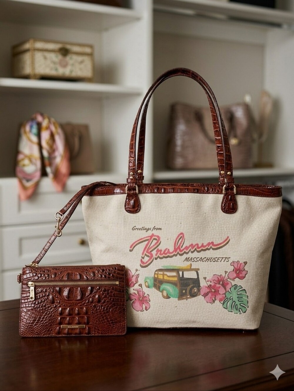 Brahmin Brooke Cream Canvas Tote with Brown Croc-Trim and Pink Floral Print